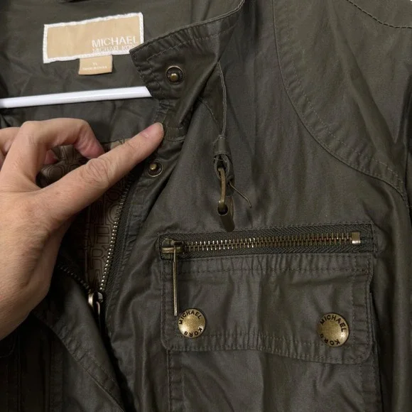 Michael Kors Olive Green Waxed Utility Jacket Women XL Pockets Zip Snap Military - Picture 5 of 9